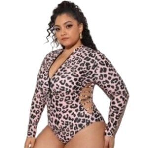 Shein Sexy Pink Leopard Long Sleeve Swimsuit with Zipper 🩷🐆✨